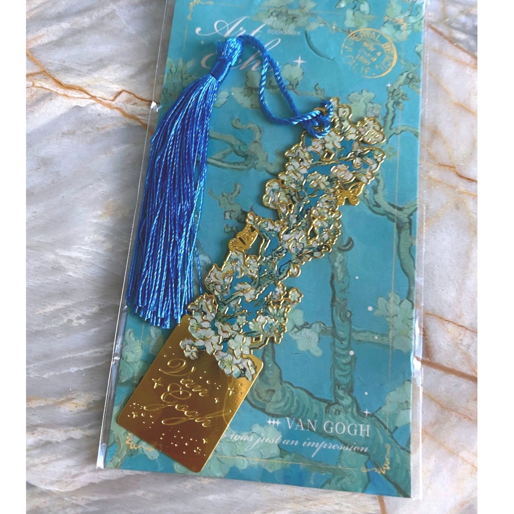 Art Echo Van Gogh Almond Blossoms Gold Tone Metal Bookmark Blue Tassel -SQ175